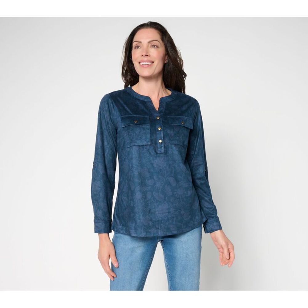 Belle by Kim Gravel Women's Top Plus Sz 2X Persuede Me Snappy Shadow Blue